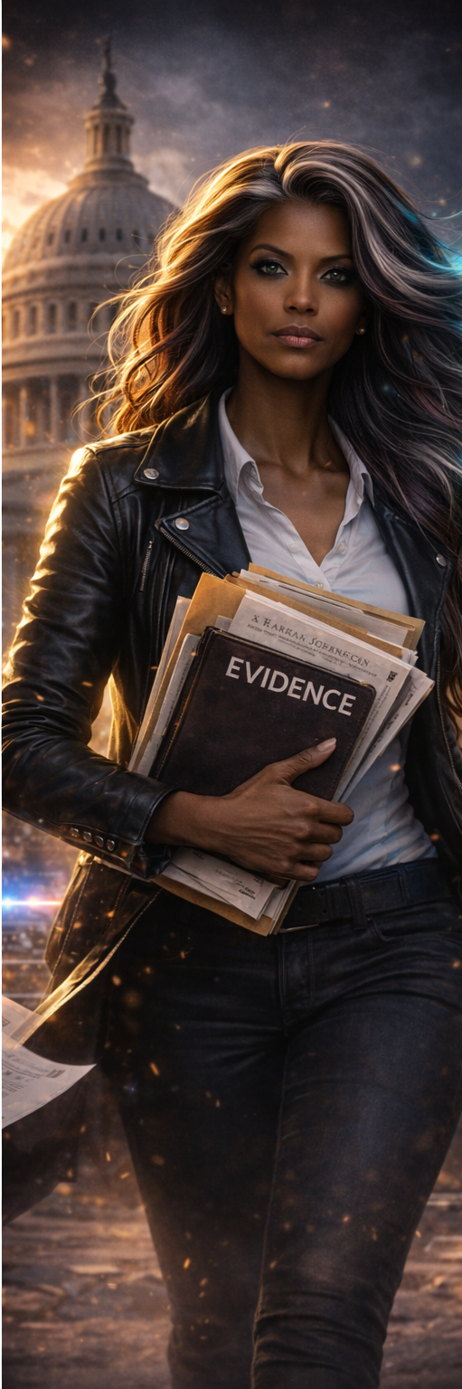 Barbara Ann Johnson holding a case file marked Evidence